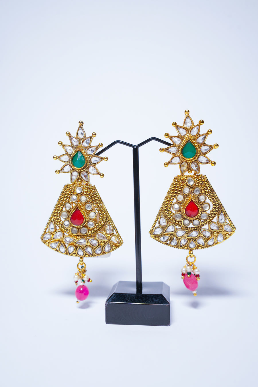 Polki Gold Pink and Green Peal Drop Earings