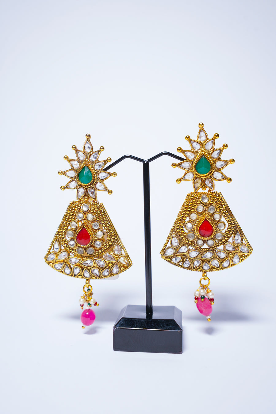 Polki Gold Pink and Green Peal Drop Earings