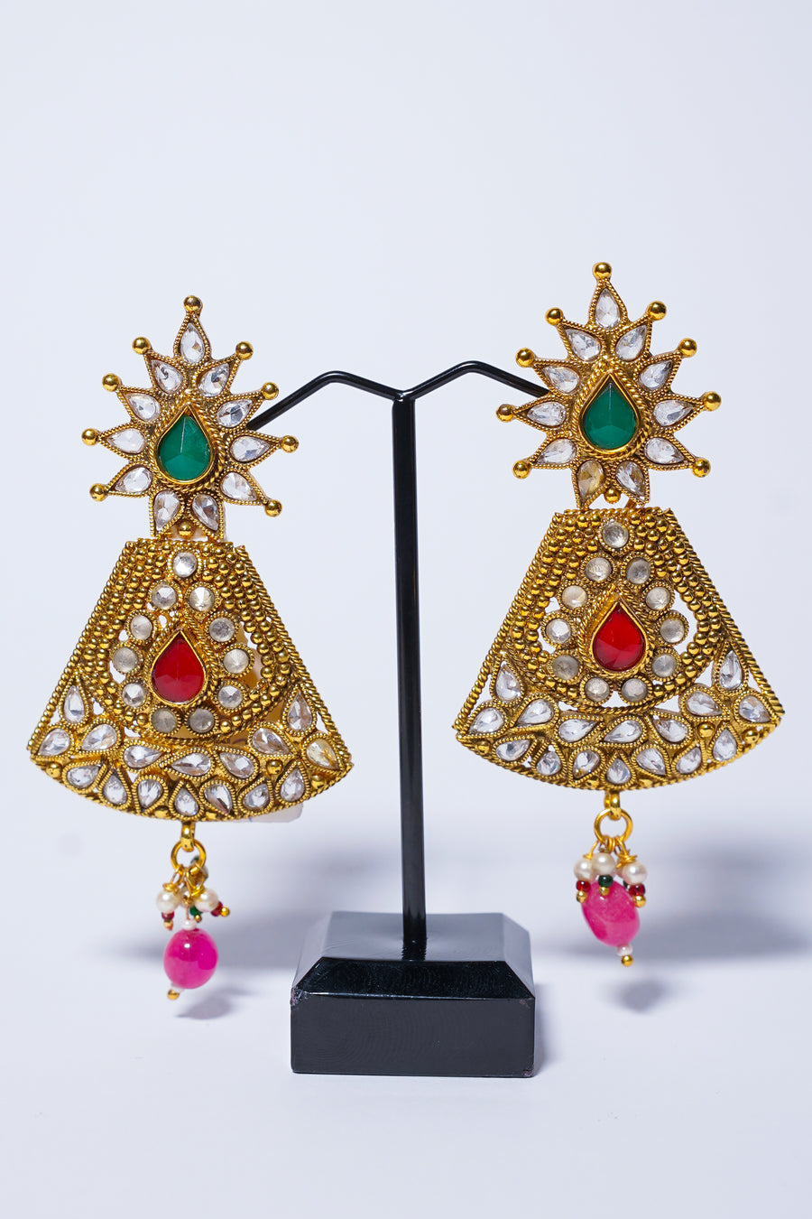 Polki Gold Pink and Green Peal Drop Earings