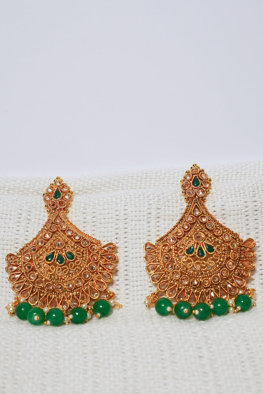 Polki statement Gold Earrings with hanging Green stones