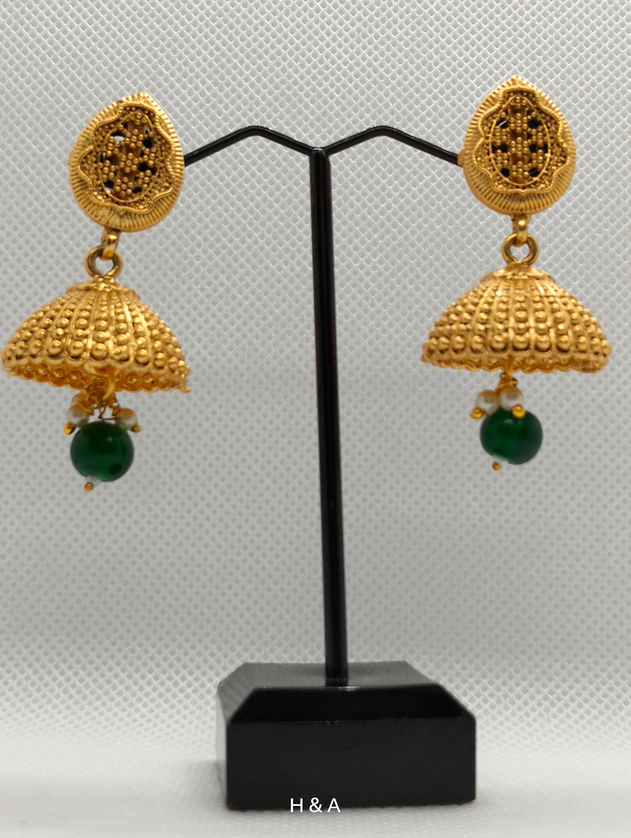 Brass Base Golden indian jhumki in Red & Green