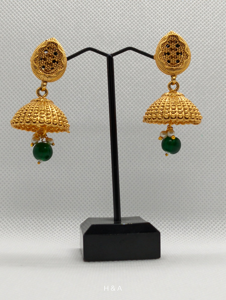 Brass Base Golden indian jhumki in Red & Green