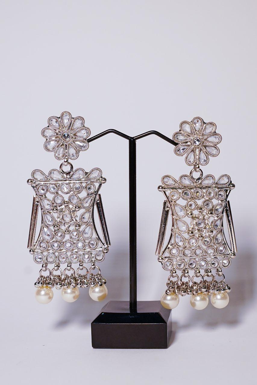 Silver Polki Earings with hanging pearls