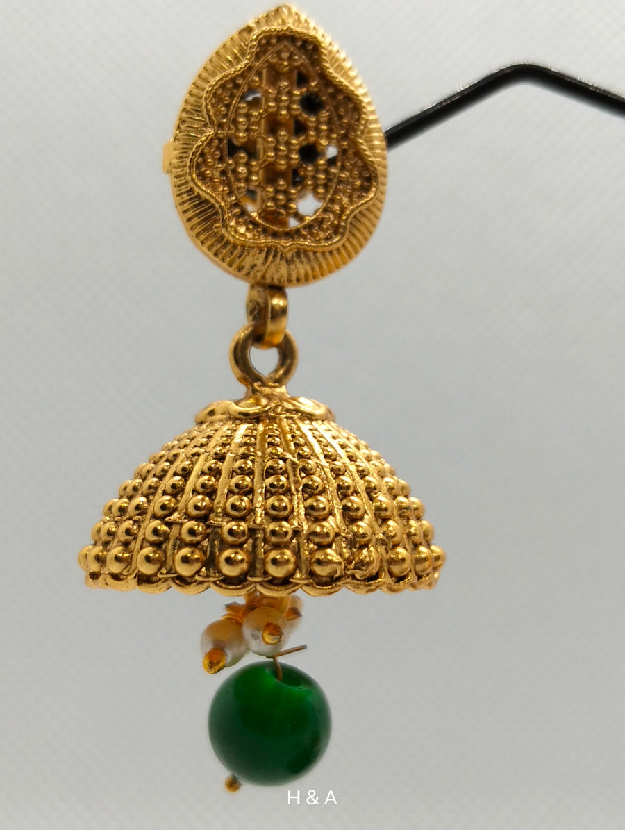 Brass Base Golden indian jhumki in Red & Green