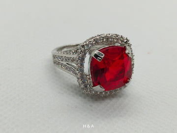 Red Ruby Sterling Silver Rhodium Plated with American Diamonds Ring