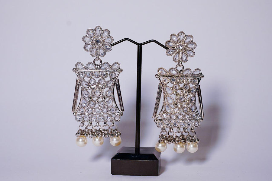 Silver Polki Earings with hanging pearls