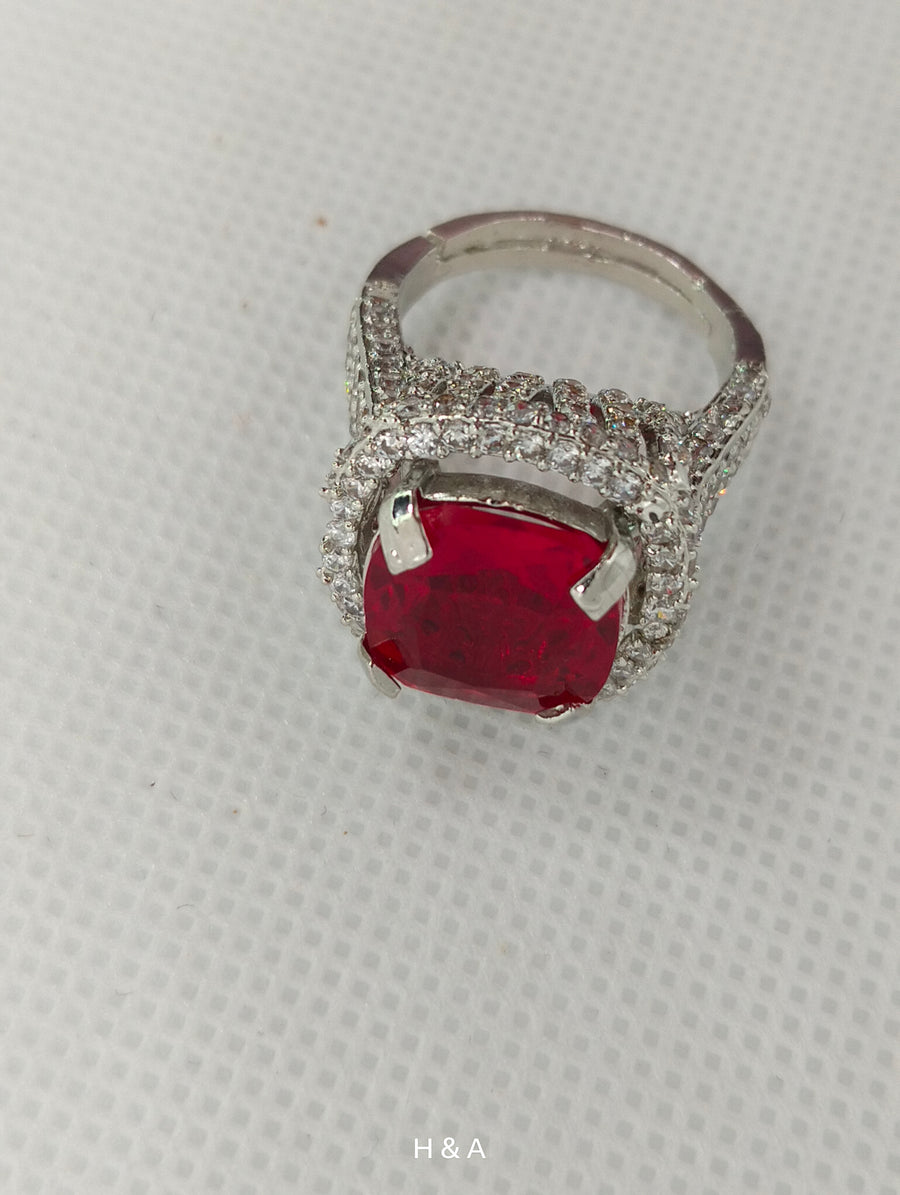 Red Ruby Sterling Silver Rhodium Plated with American Diamonds Ring