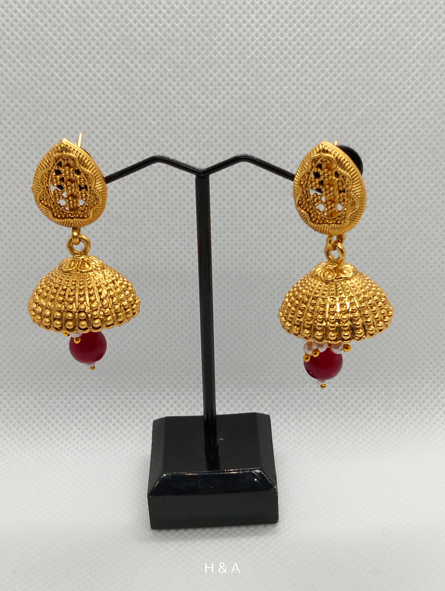 Brass Base Golden indian jhumki in Red & Green