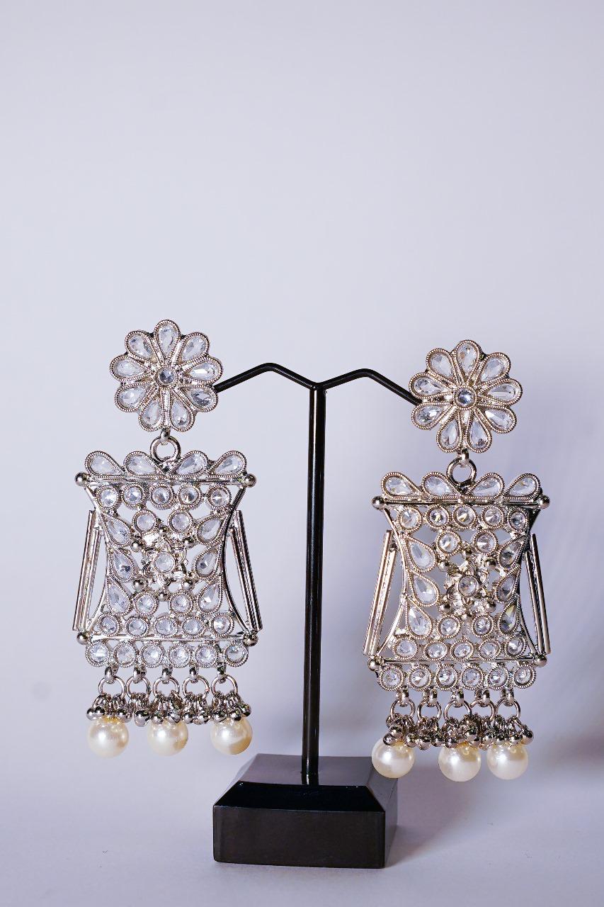 Silver Polki Earings with hanging pearls