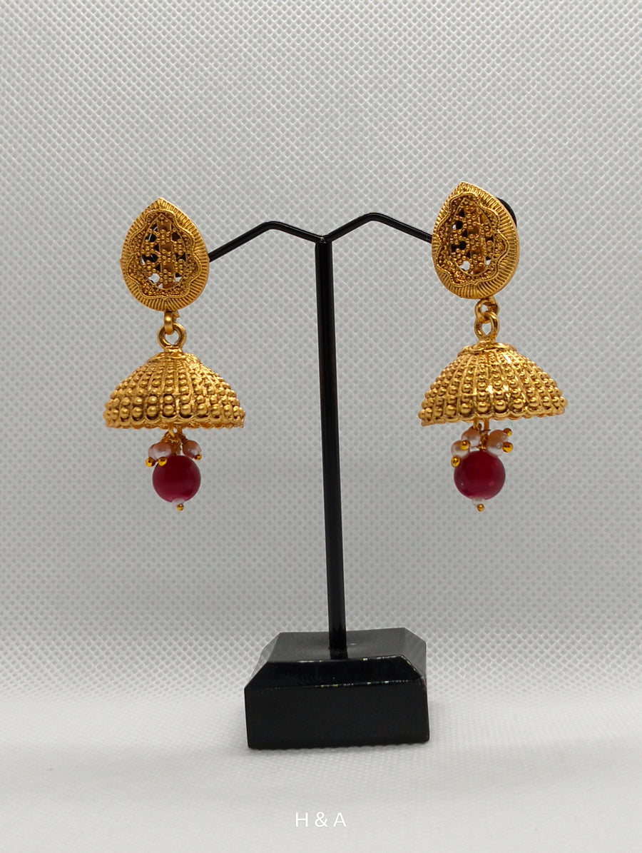 Brass Base Golden indian jhumki in Red & Green