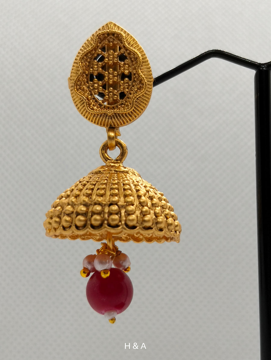 Brass Base Golden indian jhumki in Red & Green