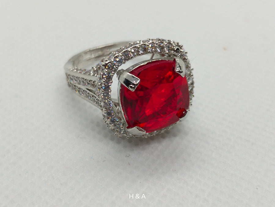 Red Ruby Sterling Silver Rhodium Plated with American Diamonds Ring