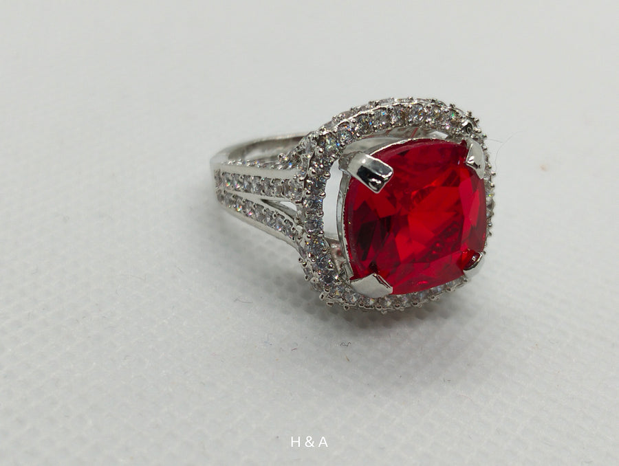 Red Ruby Sterling Silver Rhodium Plated with American Diamonds Ring